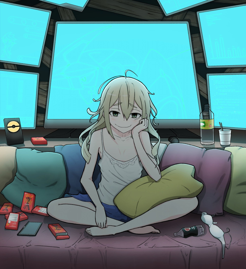 1girl, ahoge, barefoot, blonde_hair, blue_shorts, blush, bottle, bra