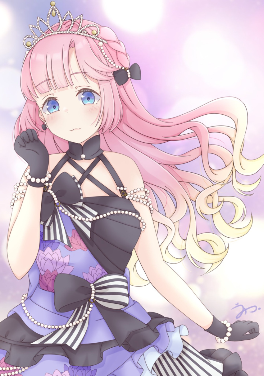 1girl, :3, anyoji_hime, anyoji_hime_(kaikou_no_butoukai), bare_shoulders, black_gloves, blonde_hair, blue_eyes