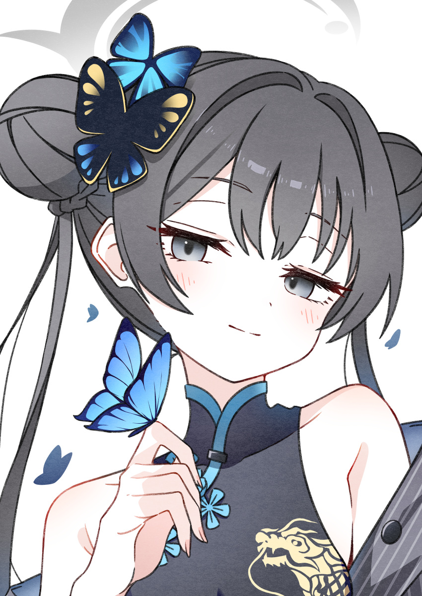 1girl, 2657314861, absurdres, bare_shoulders, black_dress, blue_archive, blue_butterfly, bug