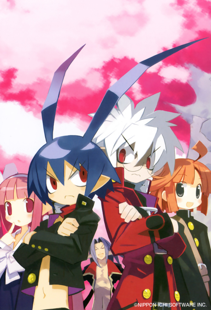 :o, blue_hair, crossed_arms, culotte, disgaea, glasses, harada_takehito, laharl, long_hair, long_sleeves, mage_(disgaea), mao, mao_(disgaea), mid-boss_(disgaea), navel, nippon_ichi, official_art, pink_hair, pointy_ears, red_eyes, short_hair, white_hair