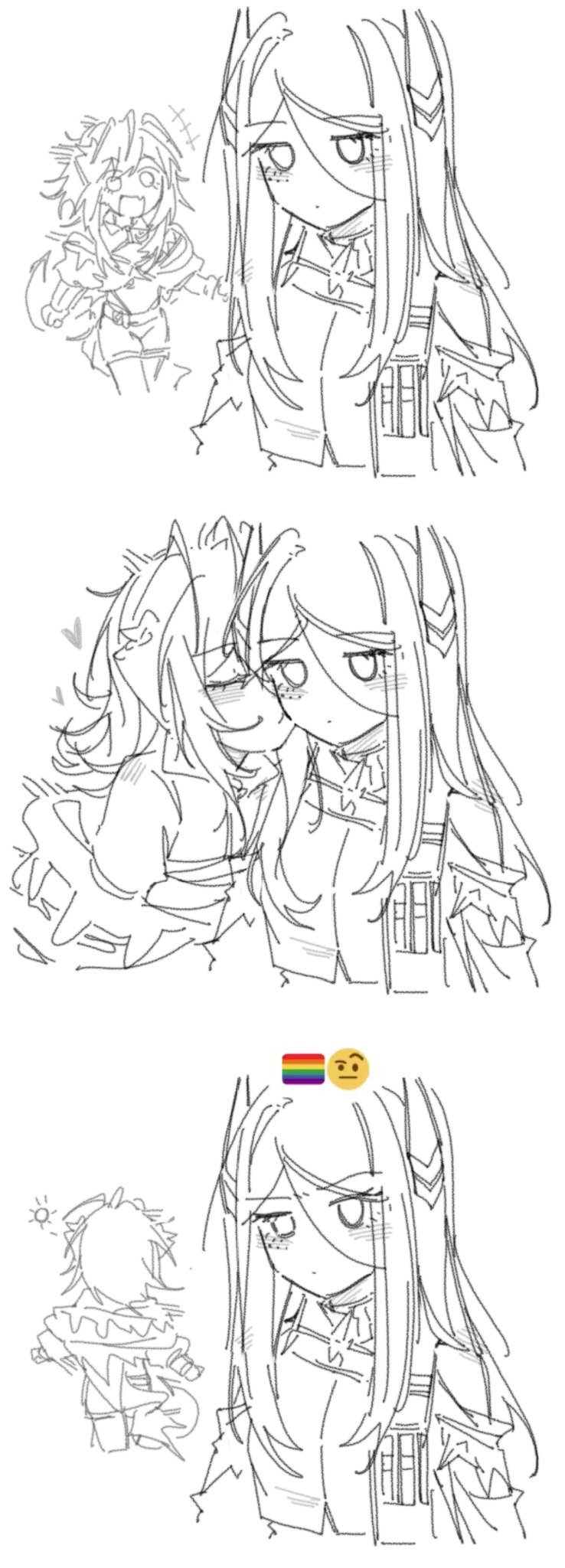 2girls, arknights, blush, closed_eyes, commentary, demon_tail, emoji, fang