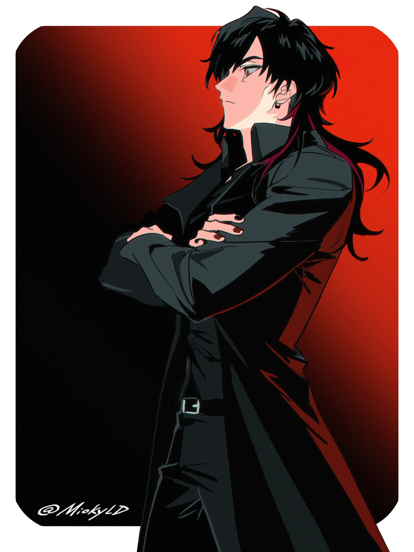1boy, absurdres, belt, black_belt, black_coat, black_hair, black_shirt, coat, crossed_arms, earrings, gradient_background, highres, jewelry, kamen_rider, kamen_rider_gavv_(series), lango_stomach, male_focus, mioky, multicolored_nails, red_eyes, shirt, twitter_username