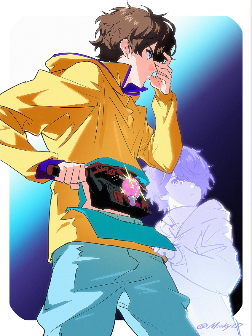 1boy, absurdres, aged_down, brown_hair, gochipod, gradient_background, hand_over_face, henshin_belt_gavv