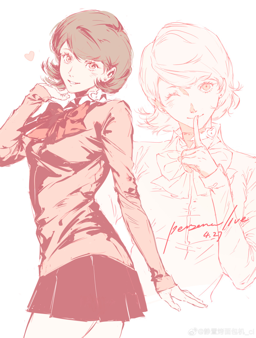 1girl, absurdres, blush, bow, bowtie, cardigan, chinese_commentary, choker, commentary_request, earrings, finger_to_mouth, gekkoukan_high_school_uniform, hand_in_own_hair, heart, heart_choker, highres, jewelry, jing_zhi_kaoxiang_yu_re_zhong, long_sleeves, looking_at_viewer, miniskirt, one_eye_closed, persona, persona_3, red_bow, red_bowtie, school_uniform, short_hair, skirt, smile, stud_earrings, swept_bangs, takeba_yukari, watermark, weibo_watermark, white_background