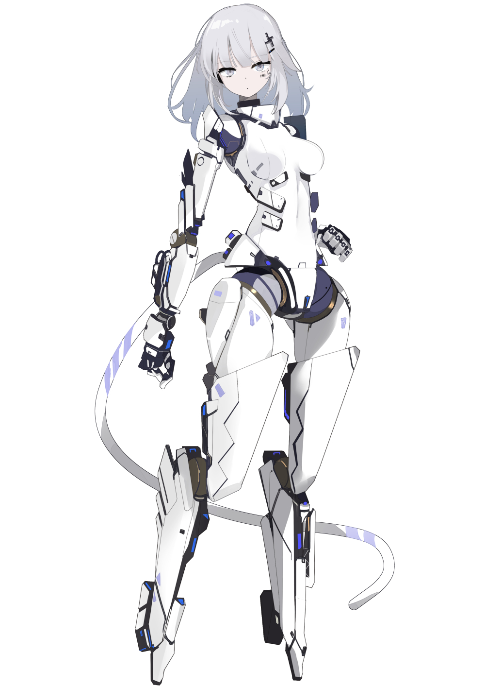 1girl, barcode, barcode_tattoo, breasts, commission, cyborg, full_body, grey_eyes