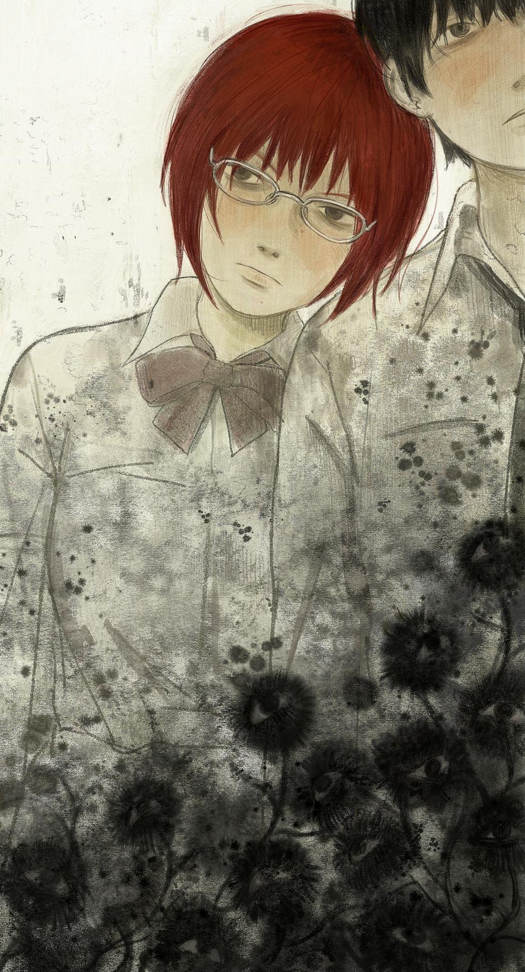 1boy, 1girl, aku_no_hana, black_flower, bow, creepy_eyes, extra_eyes, flower