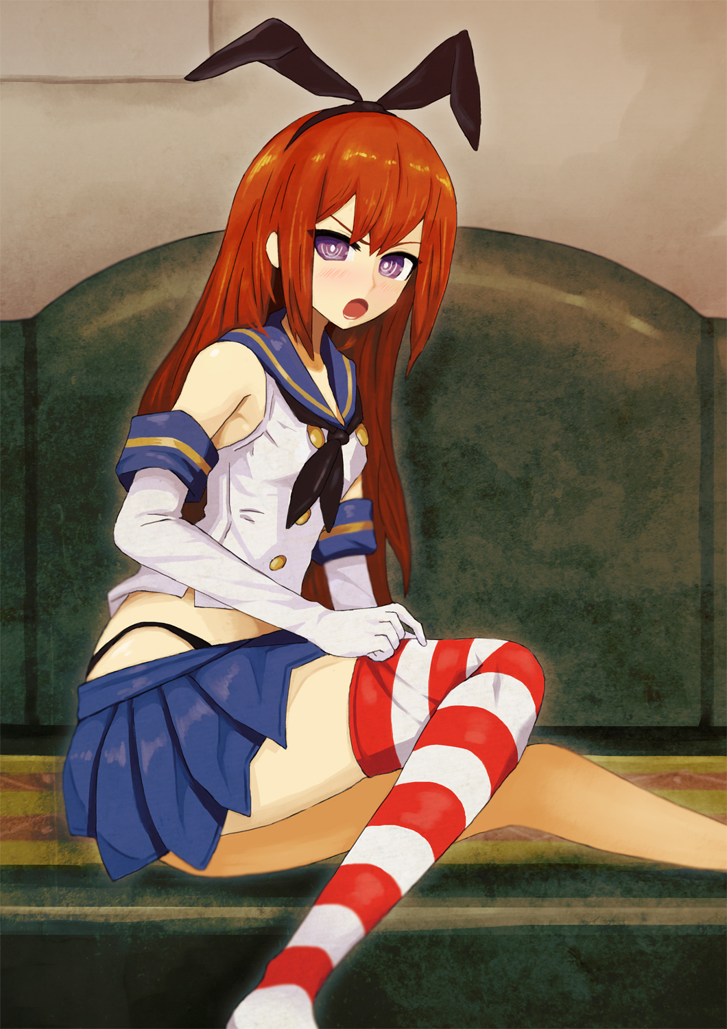 1girl, angry, animal_ear_hairband, animal_ears, ascot, black_ascot, black_hairband, black_neckerchief, black_panties, blue_sailor_collar, blush, buttons, cosplay, couch, crop_top, detached_sleeves, double-breasted, elbow_gloves, fake_animal_ears, gloves, hairband, highleg, highleg_panties, highres, horizontal-striped_thighhighs, indoors, kantai_collection, long_hair, looking_at_viewer, lower_teeth_only, makise_kurisu, miniskirt, neckerchief, on_couch, open_mouth, panties, pleated_skirt, rabbit_ears, red_hair, red_thighhighs, ribbon, sailor_collar, sailor_shirt, school_uniform, secretter, shimakaze_(kancolle), shimakaze_(kancolle)_(cosplay), shirt, sitting, skirt, sock_pull, solo, steins;gate, striped_clothes, striped_thighhighs, teeth, thick_thighs, thigh-highs, thighs, tongue, underwear, v-shaped_eyebrows, violet_eyes, white_gloves, white_sleeves, white_thighhighs