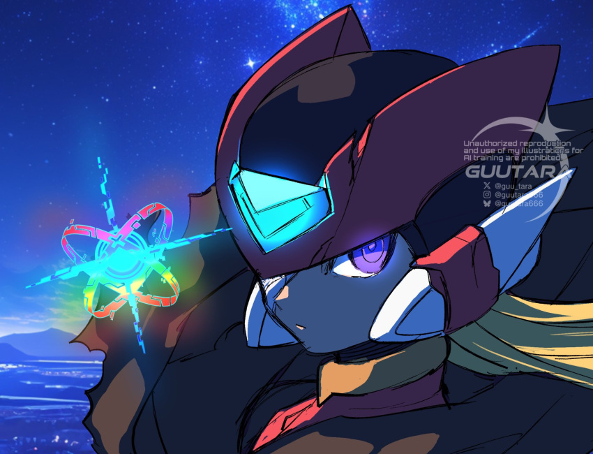1boy, blonde_hair, blurry, blurry_background, close-up, cyber_elf_(mega_man), cyber_elf_x_(mega_man), forehead_jewel
