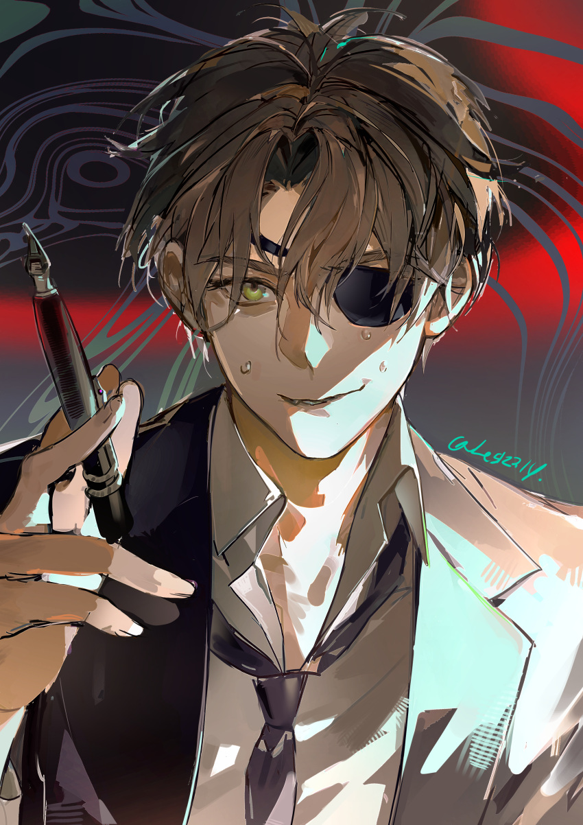 1boy, absurdres, baek_saheon, black_jacket, black_necktie, collared_shirt, eyepatch, green_eyes
