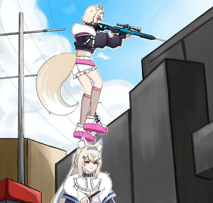 2girls, animal_ear_fluff, animal_ears, black_coat, black_jacket, blonde_hair, blue_eyes, blue_hair, buiwuynhchi555, coat, counter-strike_(series), cropped_jacket, dog_ears, dog_girl, dog_tail, dress, fuwawa_abyssgard, fuwawa_abyssgard_(1st_costume), gameplay_mechanics, gun, highres, holding, holding_gun, holding_knife, holding_weapon, hololive, hololive_english, jacket, knife, long_hair, mococo_abyssgard, mococo_abyssgard_(1st_costume), multicolored_hair, multiple_girls, olofboost, pink_eyes, pink_hair, rifle, short_hair, shorts, siblings, sisters, sniper_rifle, standing_on_another's_head, streaked_hair, tail, twins, two-tone_hair, virtual_youtuber, weapon, white_dress, white_shorts
