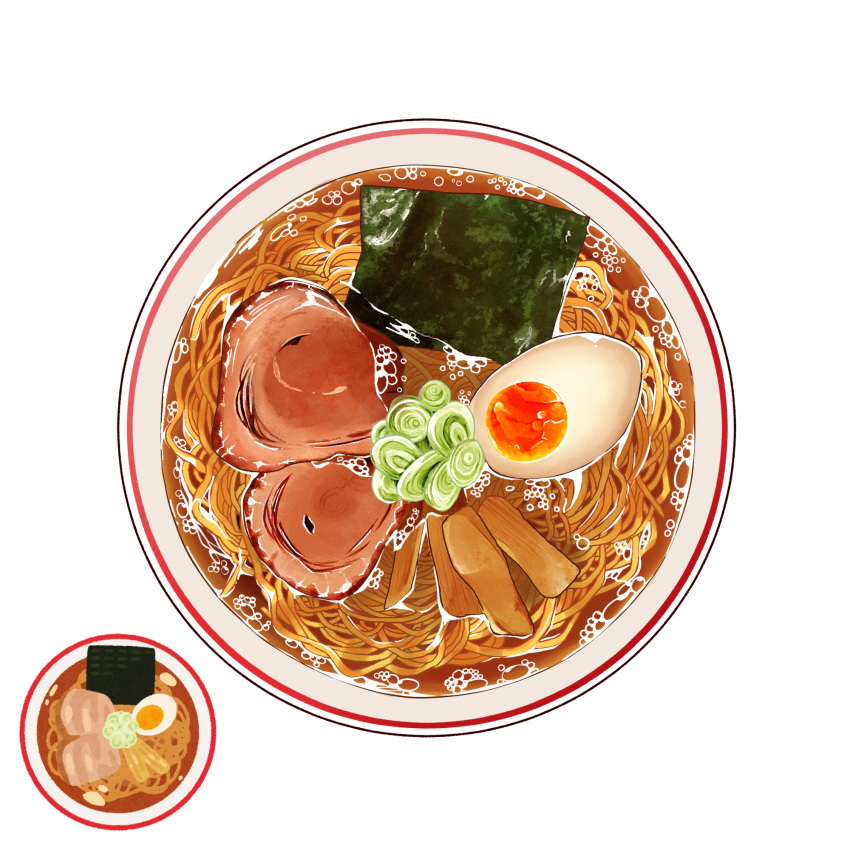 commentary_request, food, food_focus, highres, irasutoya_challenge, meat, mori_shino, no_humans, noodles, nori_(seaweed), original, pork, ramen, reference_inset, simple_background, softboiled_egg, white_background