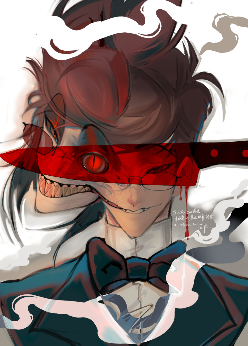 1boy, absurdres, alastor_(hazbin_hotel), alastor_(human)_(hazbin_hotel), black_sclera, colored_sclera, escape932, evil_grin