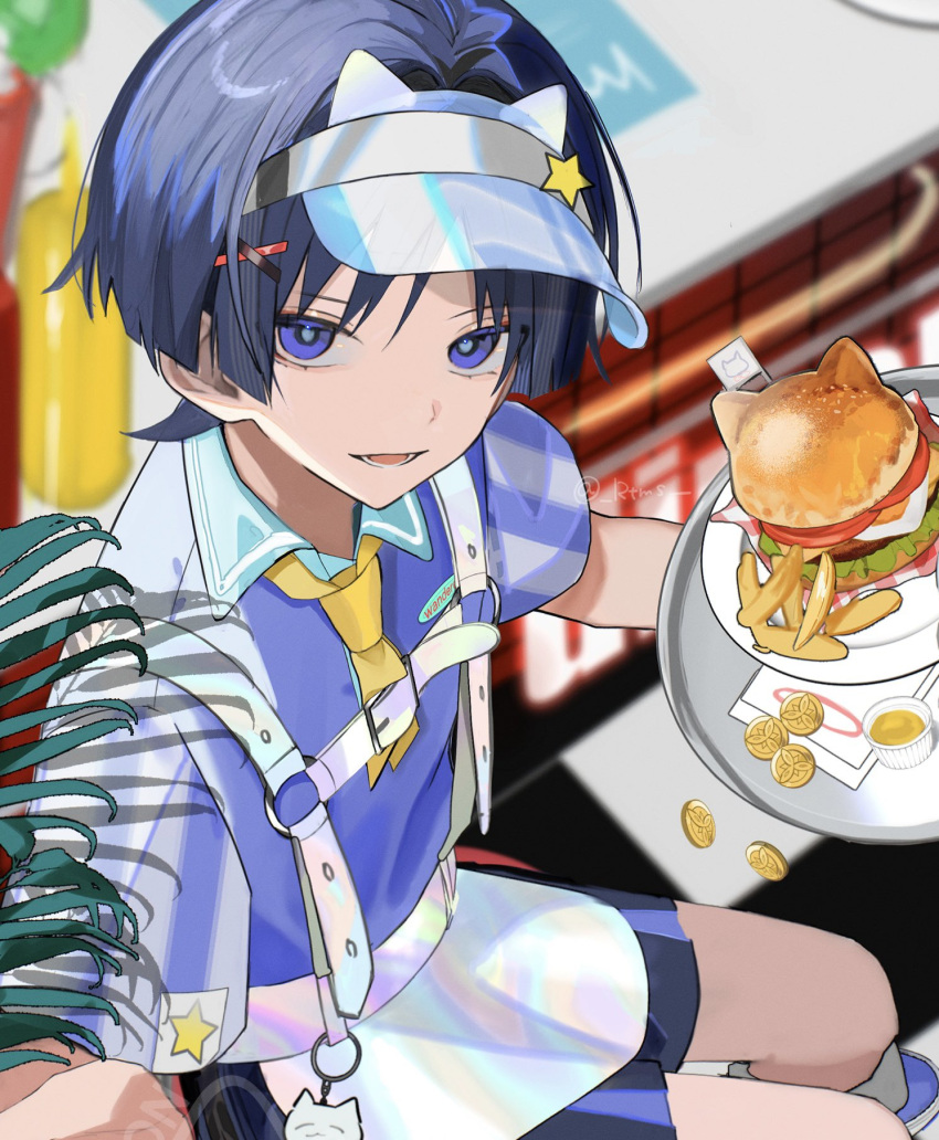 1boy, alternate_costume, apron, aqua_collar, black_shorts, blunt_ends, blurry, blurry_background, bun_(food), burger, cat, cat_burger, collared_shirt, contemporary, eyelashes, eyeliner, eyeshadow, food, french_fries, fried_egg, from_above, genshin_impact, grey_hair, hair_ornament, hairclip, harness, hat, hat_ornament, highres, holding, holding_saucer, lettuce, looking_at_viewer, looking_up, makeup, male_focus, mora_(genshin_impact), mustard, o-ring, o-ring_harness, plant, plate, purple_shirt, purple_sleeves, red_eyeliner, red_eyeshadow, rtms, saucer, scaramouche_(genshin_impact), shirt, shorts, solo, star_(symbol), star_hat_ornament, striped_sleeves, tile_floor, tiles, tissue, tomato, tomato_slice, tsurime, twitter_username, violet_eyes, visor_cap, waist_apron, waiter, wanderer_(genshin_impact), white_apron, white_hat, white_sleeves, wispy_bangs