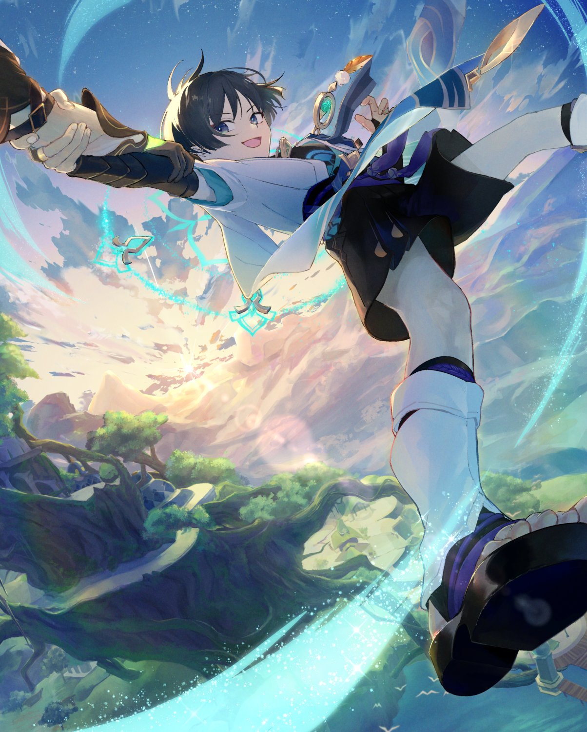 1boy, aether_(genshin_impact), anemo_symbol_(genshin_impact), aqua_gemstone, arm_belt, armor, black_bridal_gauntlets, black_gauntlets