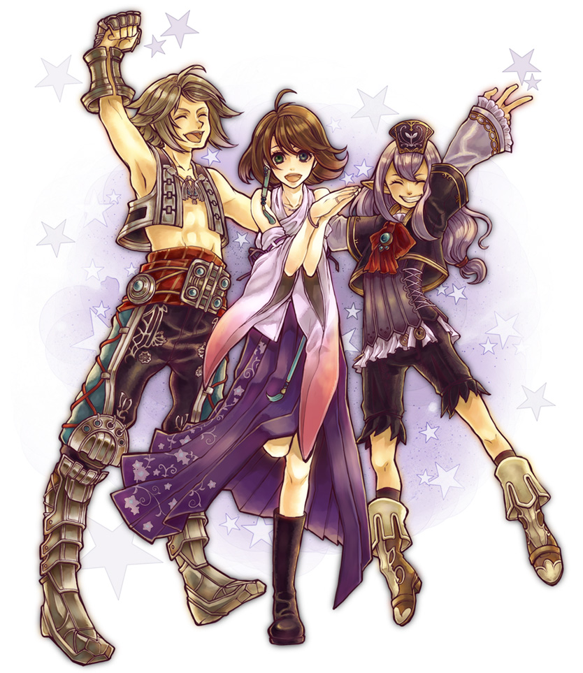 2girls, blonde_hair, blue_eyes, brown_hair, closed_eyes, detached_sleeves, dissidia_012_final_fantasy, dissidia_final_fantasy