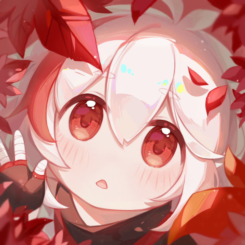 1girl, ahoge, autumn_leaves, bandages, blurry, blurry_foreground, blush, chibi