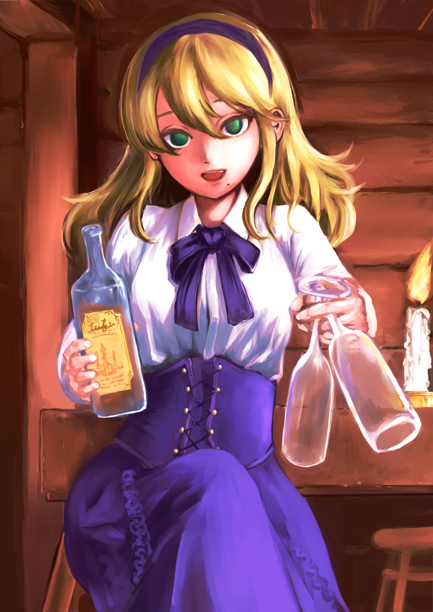 1girl, :d, absurdres, blonde_hair, blue_bow, blue_corset, blue_hairband, blue_skirt