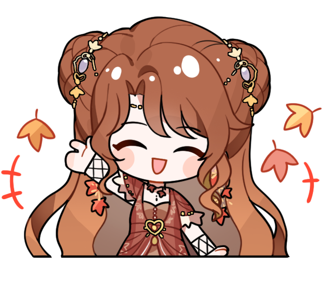 +++, 1girl, ^_^, arm_up, artist_request, autumn_leaves, black_arm_warmers, blush_stickers, brown_hair, buckle, chibi, choker, circlet, closed_eyes, cropped_legs, double_bun, dress, earrings, eyelashes, fishnet_arm_warmers, fishnets, frilled_sleeves, frills, gold_buckle, gold_circlet, hair_bun, hair_ornament, happy, harvest's_blessing_(infinity_nikki), heart, heart-shaped_buckle, infinity_nikki, jewelry, leaf, leaf_earrings, leaf_print, long_hair, nikki_(series), official_art, open_mouth, parted_bangs, red_dress, short_sleeves, sidelocks, smile, solo, straight-on, swept_bangs, transparent_background, very_long_hair, wavy_hair
