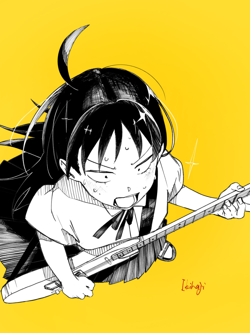 1girl, :o, ahoge, artist_name, collared_shirt, commentary_request, dress_shirt, electric_guitar, from_above, futsuu_no_keion-bu, greyscale_with_colored_background, guitar, guitar_strap, hatono_chihiro, highres, holding, holding_guitar, holding_instrument, ikihaji, instrument, neck_ribbon, open_mouth, pleated_skirt, ribbon, sandals, school_uniform, shirt, short_sleeves, skirt, slides, solo, sparkle, summer_uniform, sweat, v-shaped_eyebrows, yellow_background