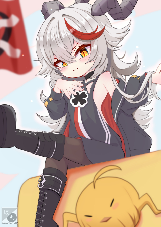 1girl, :3, aged_down, azur_lane, black_boots, black_dress, black_horns, black_pantyhose, boots, dress, hair_between_eyes, hands_up, horns, little_aegir_(azur_lane), long_hair, looking_at_viewer, manjuu_(azur_lane), multicolored_hair, pantyhose, red_hair, sakamarujp, sitting, streaked_hair, white_hair, yellow_eyes
