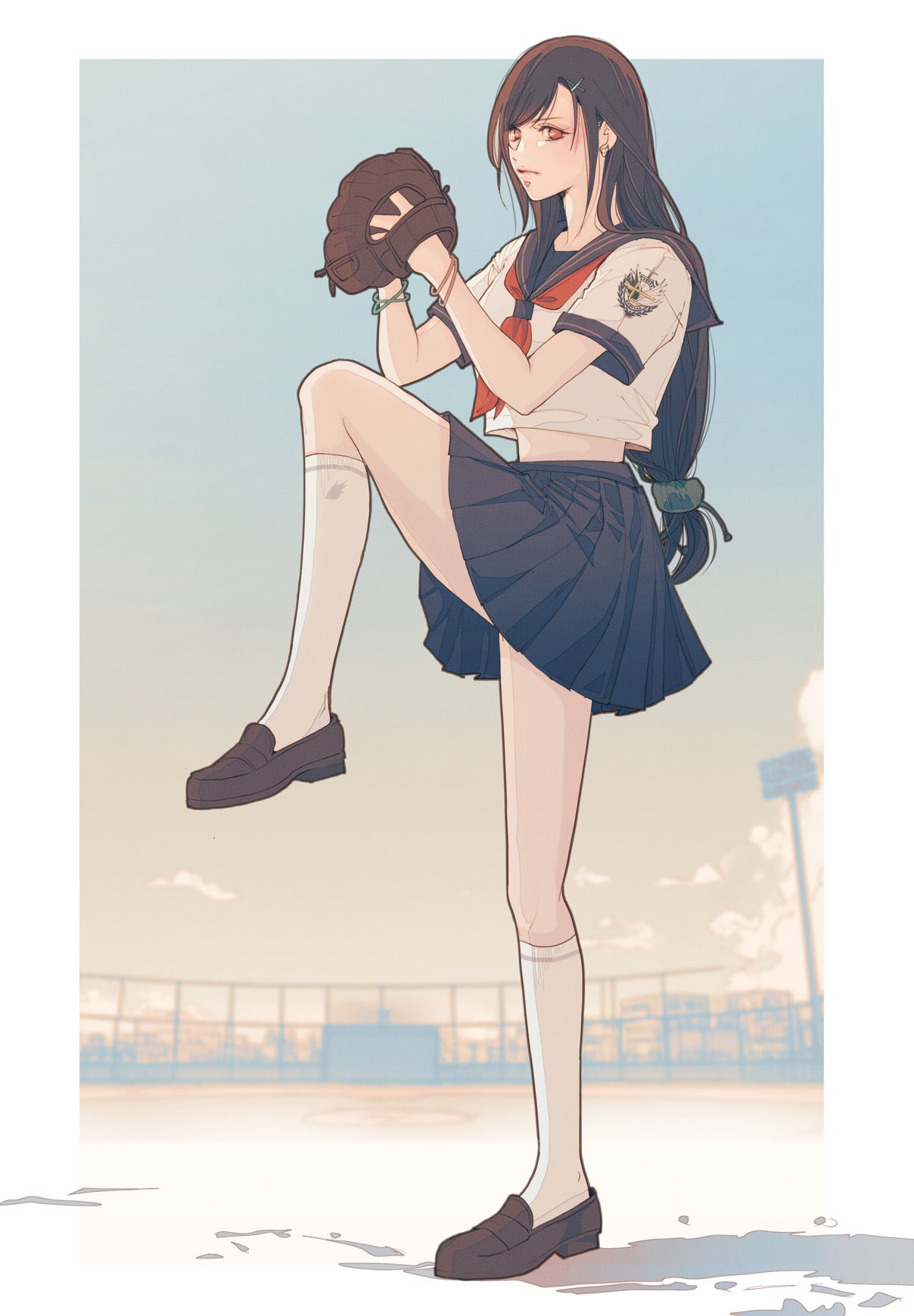 1girl, baseball, baseball_field, baseball_mitt, black_hair, blue_sailor_collar, blue_scrunchie, blue_skirt