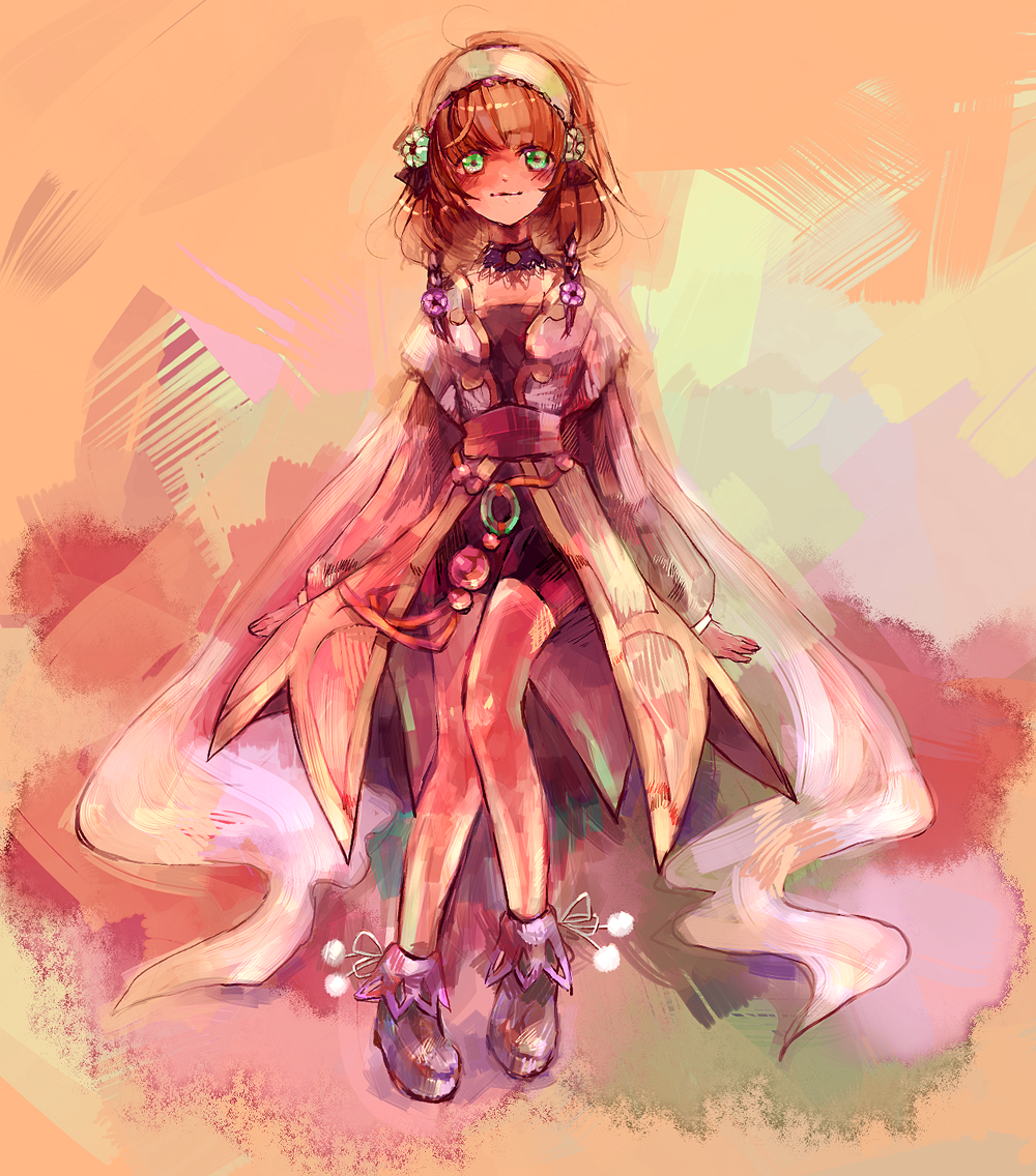 bike_shorts, blush, brown_hair, choker, coat, flower, green_eyes, hair_flower