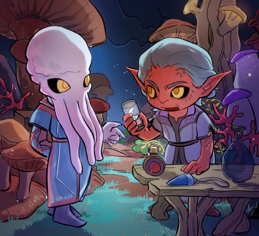 1boy, 1other, arm_behind_back, baldur's_gate, baldur's_gate_3, black_sclera, blue_robe, blurg_(forgotten_realms)