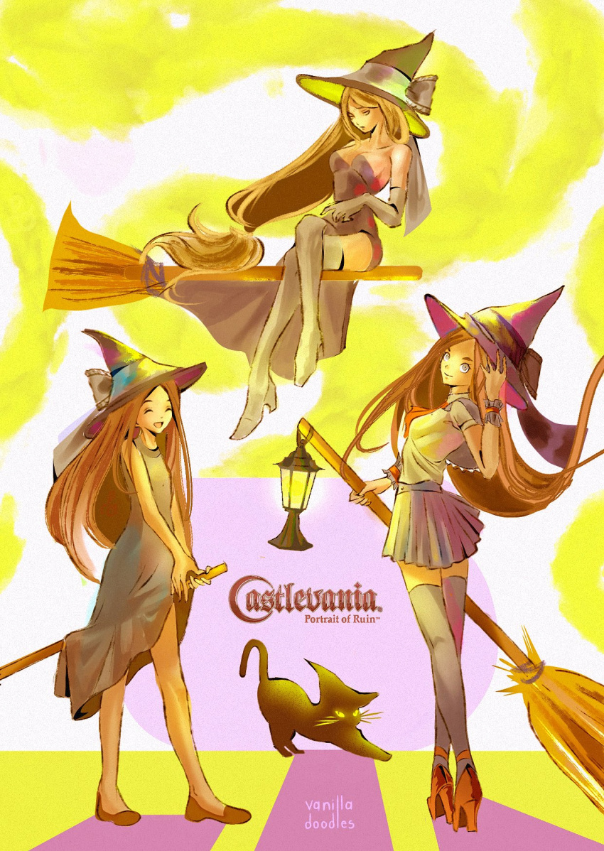 3girls, artist_name, black_cat, blue_eyes, blue_skirt, blue_thighhighs, broom, broom_riding, brown_hair, castlevania:_portrait_of_ruin, castlevania_(series), cat, charlotte_aulin, closed_eyes, copyright_name, crossed_legs, dress, elbow_gloves, gloves, hat, highres, lamp, long_hair, multiple_girls, skirt, smile, student_witch, thigh-highs, vanilladoodls, witch_(castlevania), witch_hat