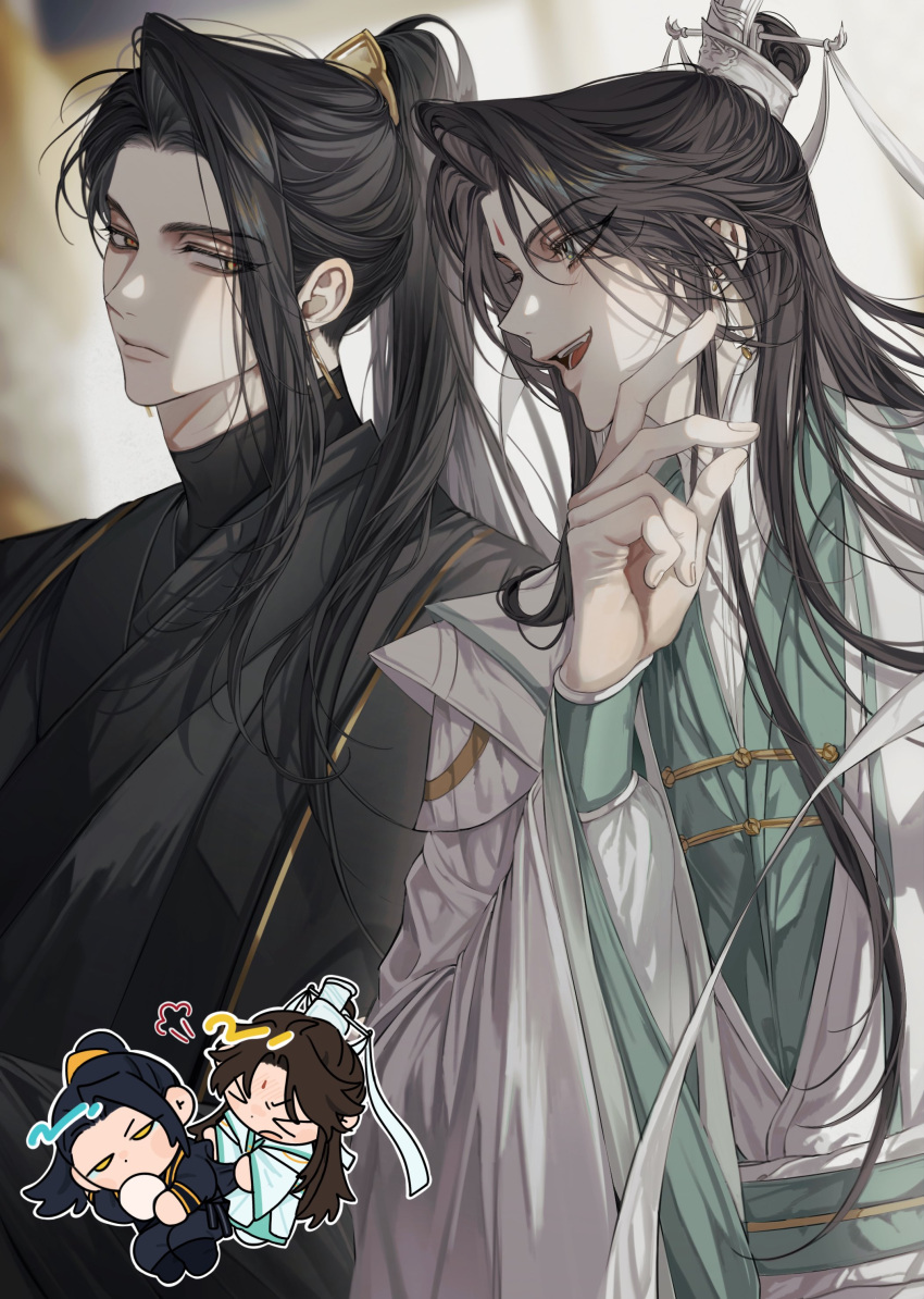 >_<, 2boys, absurdres, black_boots, black_hair, black_hanfu, black_pants, black_undershirt