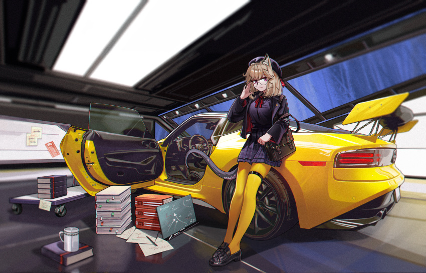1girl, absurdres, animal_ear_fluff, animal_ears, arknights, beret, black_shoes, blazer