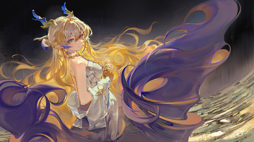 1girl, absurdly_long_hair, absurdres, arknights, bare_shoulders, blonde_hair, chinese_commentary, closed_mouth