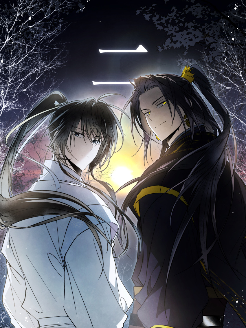 2boys, absurdres, bare_tree, black_hair, black_hanfu, black_sash, chinese_clothes, closed_mouth, earrings, gold_earrings, gradient_sky, grey_eyes, hair_ribbon, half_updo, hanfu, high_ponytail, highres, jewelry, jinhongi, korean_commentary, long_hair, long_sleeves, looking_at_viewer, looking_back, male_focus, multiple_boys, numbered, official_art, oh_wolrang, ponytail, ribbon, sash, seol_young, sky, smile, sun, sunset, tree, white_hanfu, white_ribbon, white_sash, xiao_guan_(headdress), yellow_eyes, zaha