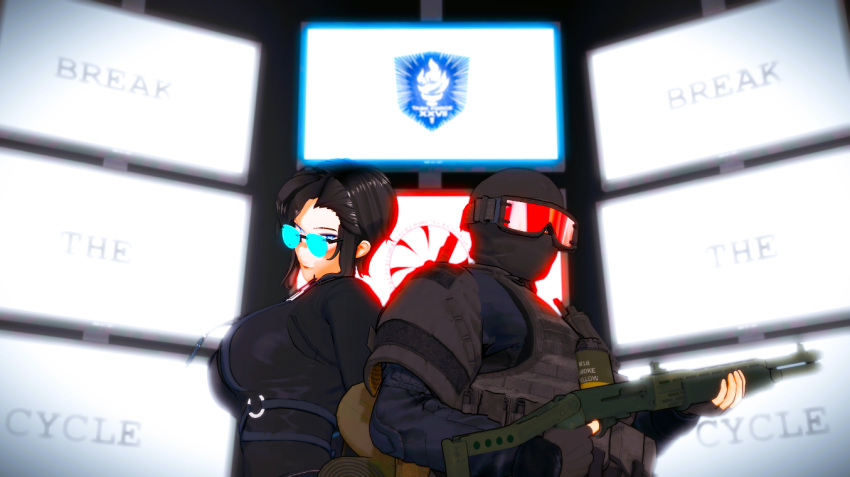 1boy, 1girl, alternate_design, ammunition_pouch, armor, balaclava, black_bodysuit, black_hair, blue-framed_eyewear, blue_eyes, blue_shirt, body_armor, bodysuit, breasts, bulletproof_vest, covered_face, director_(trepang2), english_text, explosive, grenade, gun, indoors, insignia, jewelry, koikatsu_(medium), large_breasts, military, monitor, necklace, pouch, pump_action, red_goggles, shirt, shotgun, shoulder_armor, spas-12, subject_106_(trepang2), torch, trepang2, v_alter, weapon