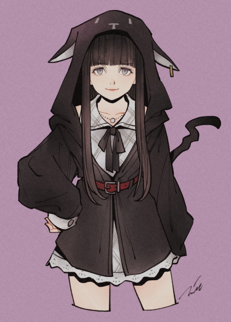 1girl, black_hair, black_jacket, black_ribbon, blunt_bangs, character_hood, closed_mouth, cropped_legs, dress, fake_tail, film_grain, grey_eyes, hand_on_own_hip, hood, hooded_jacket, jacket, long_hair, long_sleeves, looking_at_viewer, mim_(mimya0600), neck_ribbon, nyantan, plaid_clothes, plaid_dress, purple_background, ribbon, sakurane_shoka, shin_subarashiki_kono_sekai, simple_background, sleeve_cuffs, solo, subarashiki_kono_sekai, tail, very_long_hair, white_dress
