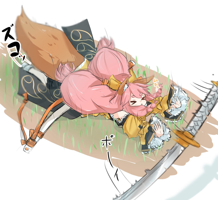 >_<, 1girl, animal_ear_fluff, animal_ears, bow, braided_sidelock, falling, fate/samurai_remnant