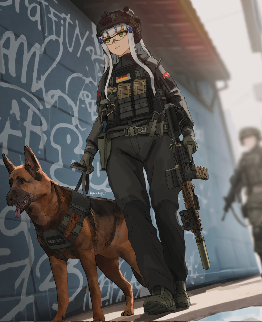 1boy, 1girl, alternate_costume, assault_rifle, black_jacket, black_pants, chest_rig, closed_mouth