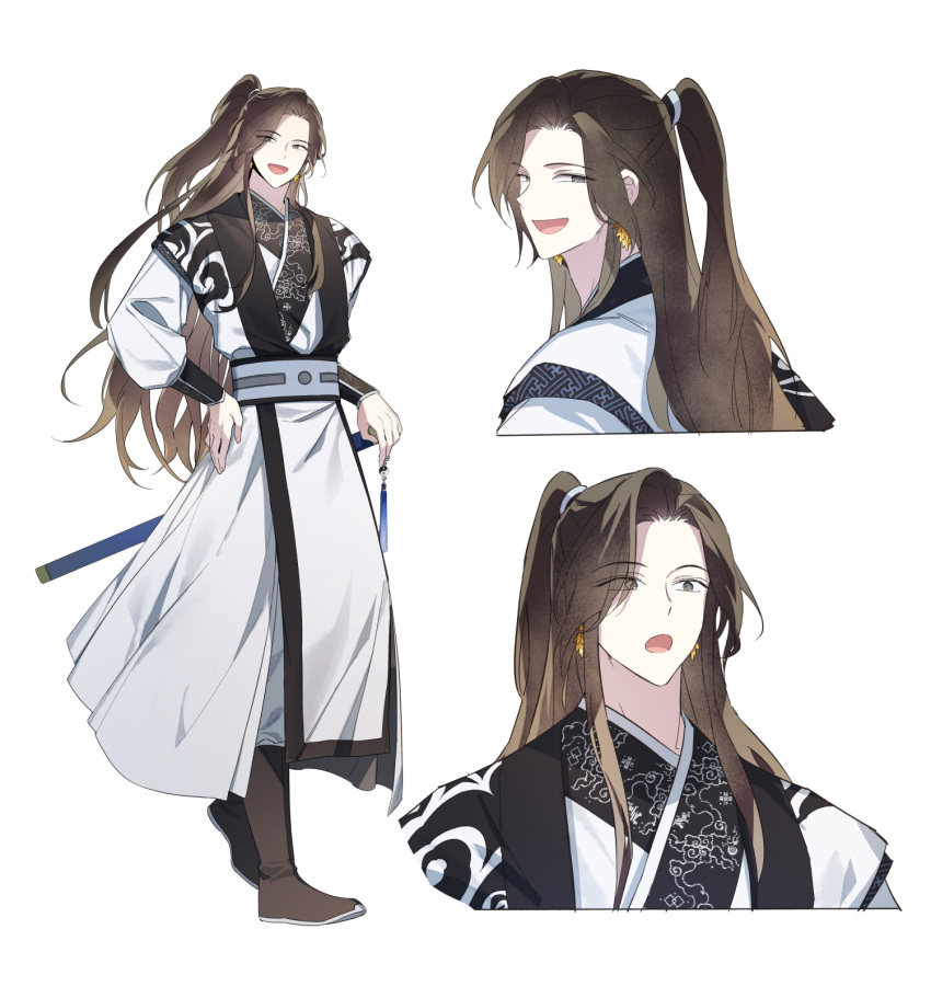 1boy, :o, boots, brown_boots, brown_eyes, brown_hair, chinese_clothes, earrings