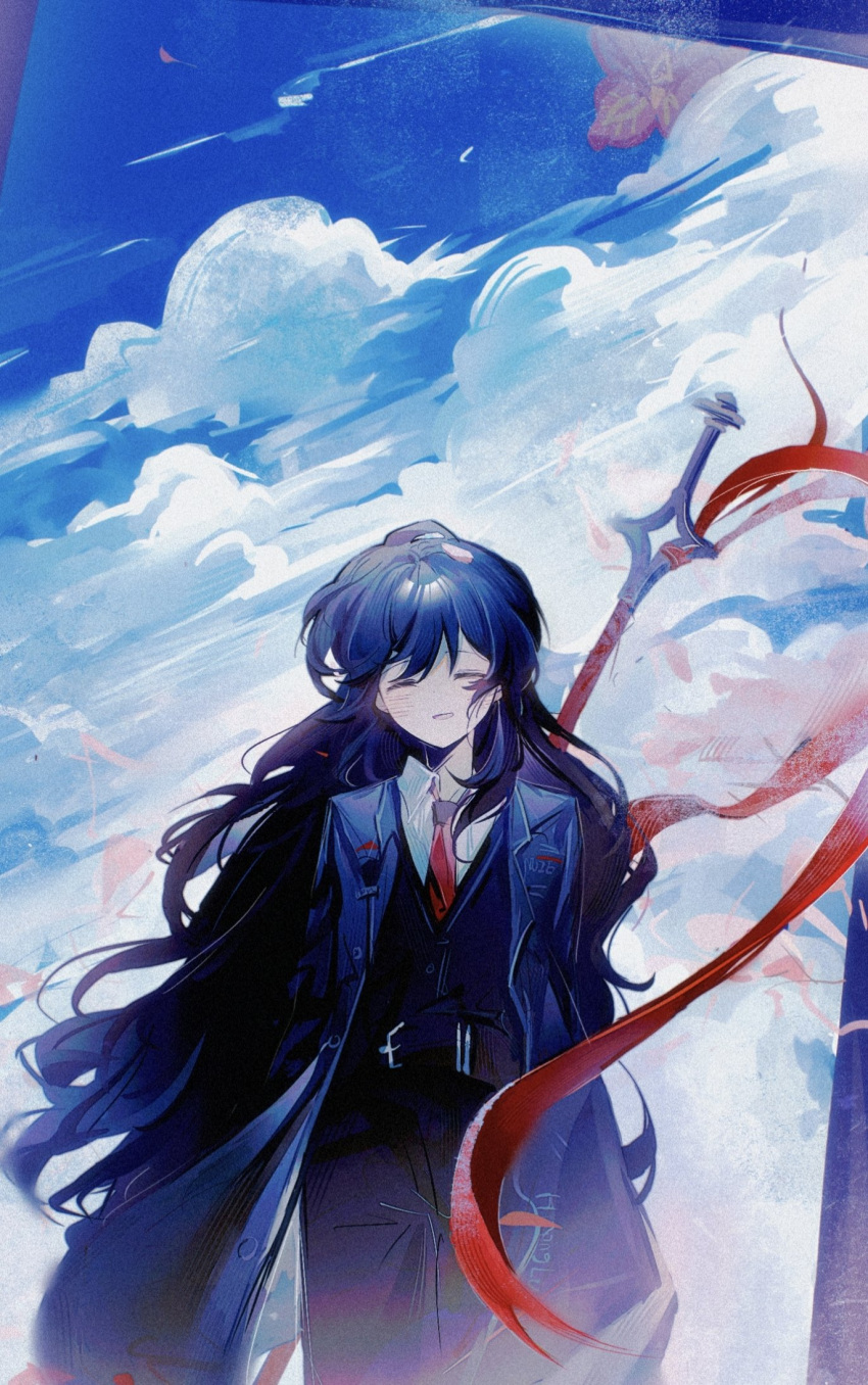 1boy, :d, ^_^, arms_behind_back, belt, black_belt, black_coat, black_hair