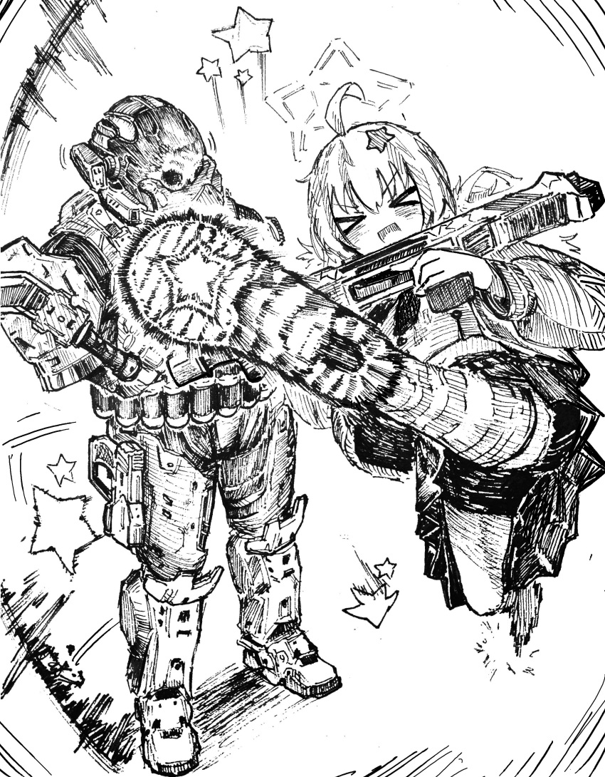 >_<, 1boy, 1girl, :d, absurdres, ahoge, armor, assault_visor, blue_archive, crossover, emile-a239, gun, hair_ornament, halo, halo:_reach, halo_(series), highres, jacket, jumping, kicking, m6d, monochrome, motion_lines, power_armor, reisa_(blue_archive), school_uniform, shiokaze1409, shotgun, simple_background, skirt, smile, socks, spartan_(halo), standard_manufacturing_dp-12, striped_clothes, striped_socks, weapon, white_background, xd