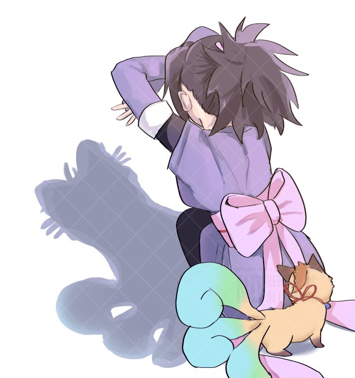 1girl, arms_up, back_ribbon, black_hair, black_pantyhose, cat_shadow_puppet_(meme), commentary_request, corrine, creature, detached_sleeves, different_shadow, fingerless_gloves, from_above, from_behind, fujibayashi_sheena, full_body, gloves, high_ponytail, japanese_clothes, kimono, long_hair, mametaro_(ma_me_ta_ro), meme, ninja, pantyhose, pink_ribbon, pink_sash, ponytail, purple_kimono, ribbon, sash, shadow_puppet, simple_background, spiky_hair, squatting, tales_of_(series), tales_of_symphonia