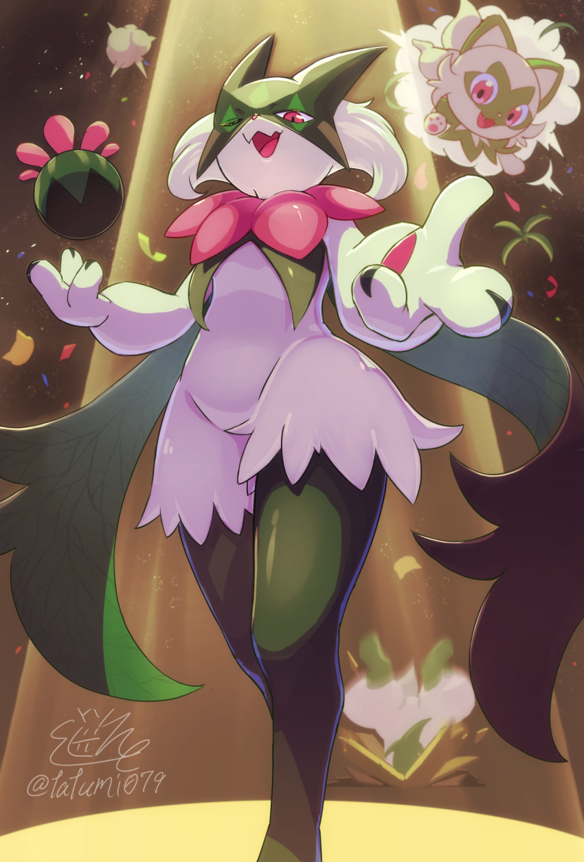 commentary_request, crash_landing, evolutionary_line, eye_mask, floating, floating_object, floragato, flower_trick_(pokemon)