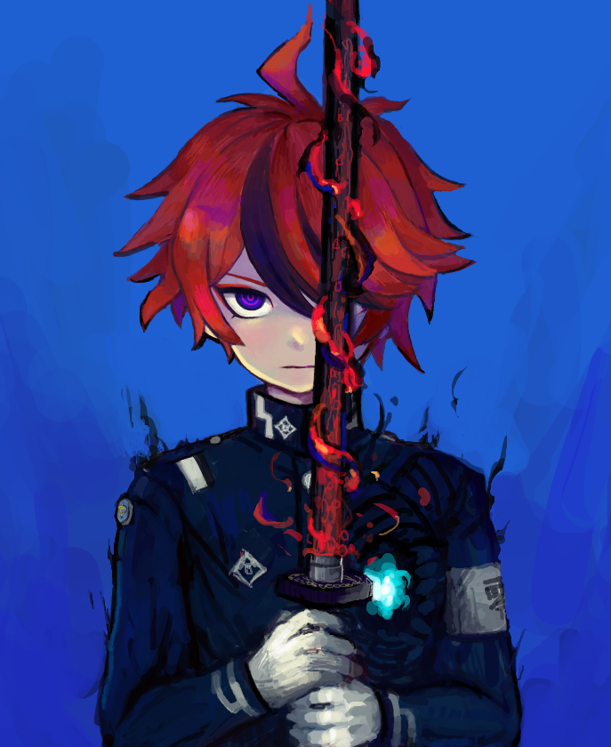 1boy, :|, ahoge, blue_background, closed_mouth, eyeshadow, gloves, holding