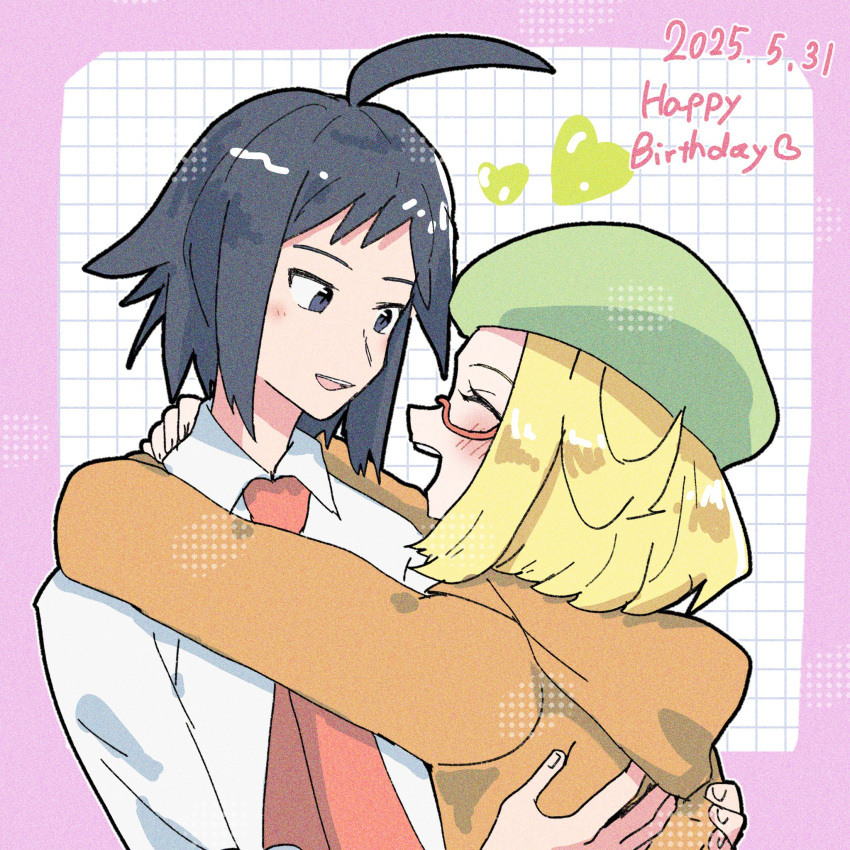 1boy, 1girl, ahoge, bianca_(pokemon), black_hair, blonde_hair, cheren_(pokemon), closed_eyes