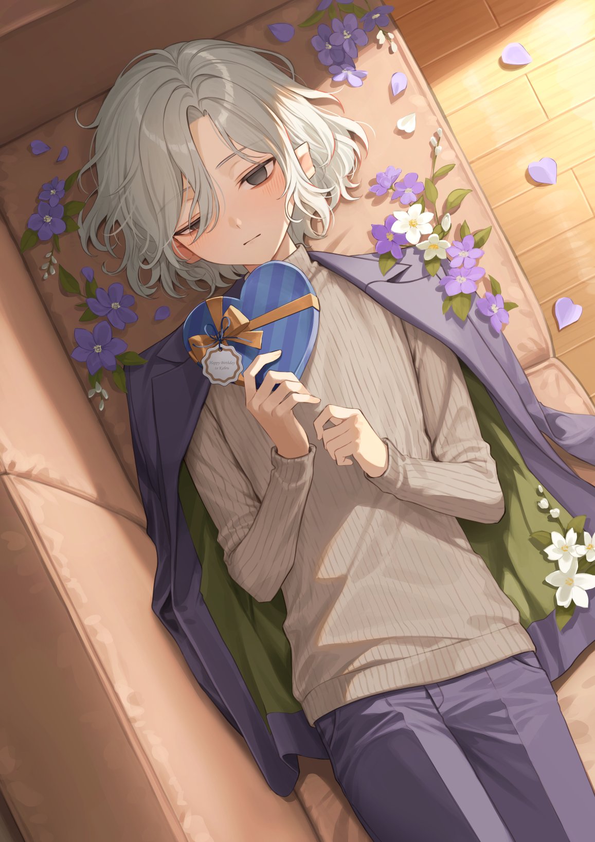 1boy, box, dungeon_meshi, flower, heart-shaped_box, highres, lazy_eye, lying