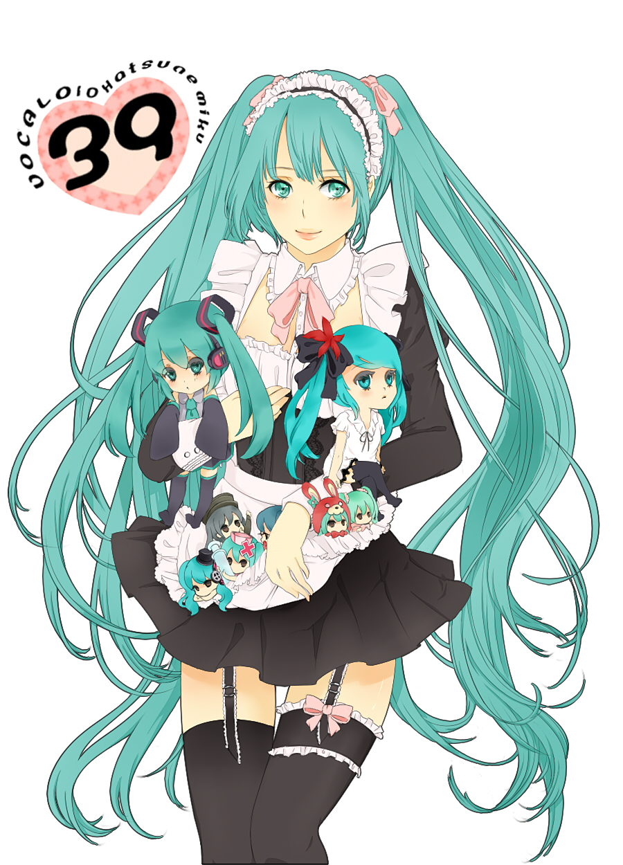 aqua_eyes, aqua_hair, bowtie, chibi, collar, garter_straps, garters, hairband