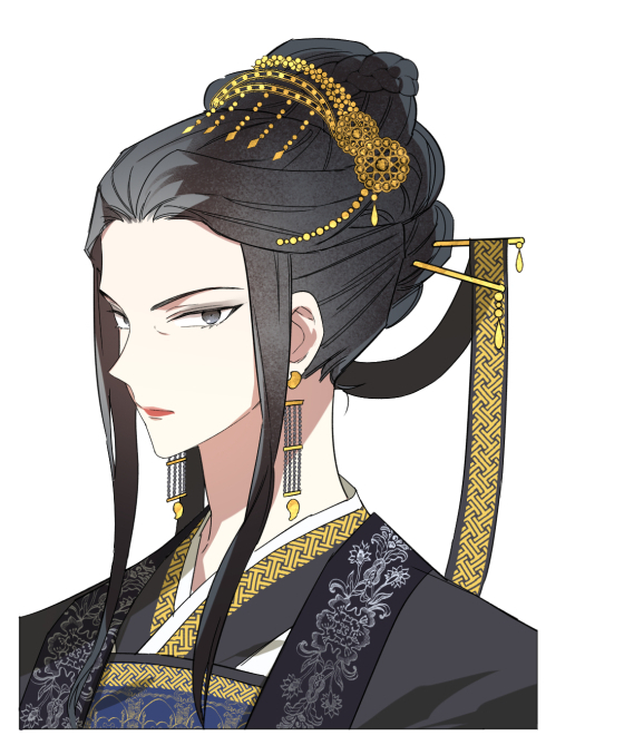 1girl, black_hair, black_hanfu, black_ribbon, braid, chinese_clothes, earrings, grey_eyes, hair_bun, hair_ornament, hair_stick, hanfu, headpiece, jewelry, jinhongi, korean_commentary, lipstick, long_hair, long_sidelocks, looking_at_viewer, makeup, official_art, oh_wolrang, ribbon, ruqun, sidelocks, simple_background, taecheongwan, upper_body, white_background