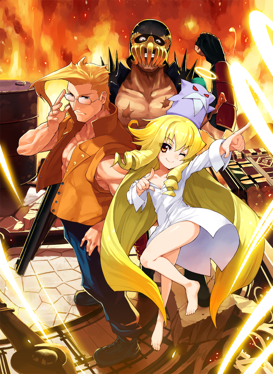 1girl, 2boys, arcana_heart, barefoot, blonde_hair, capcom, charlie_nash, crossover