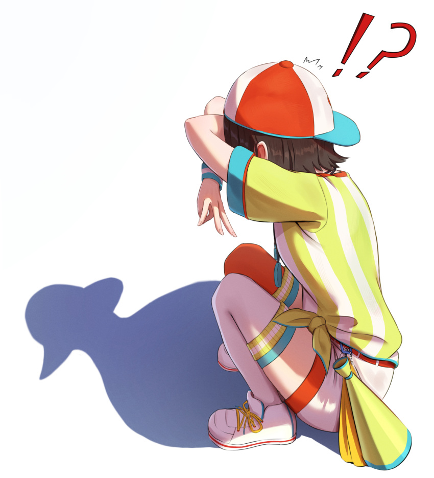 !, !?, 1girl, ?, brown_hair, cat_shadow_puppet_(meme), covering_face, hat