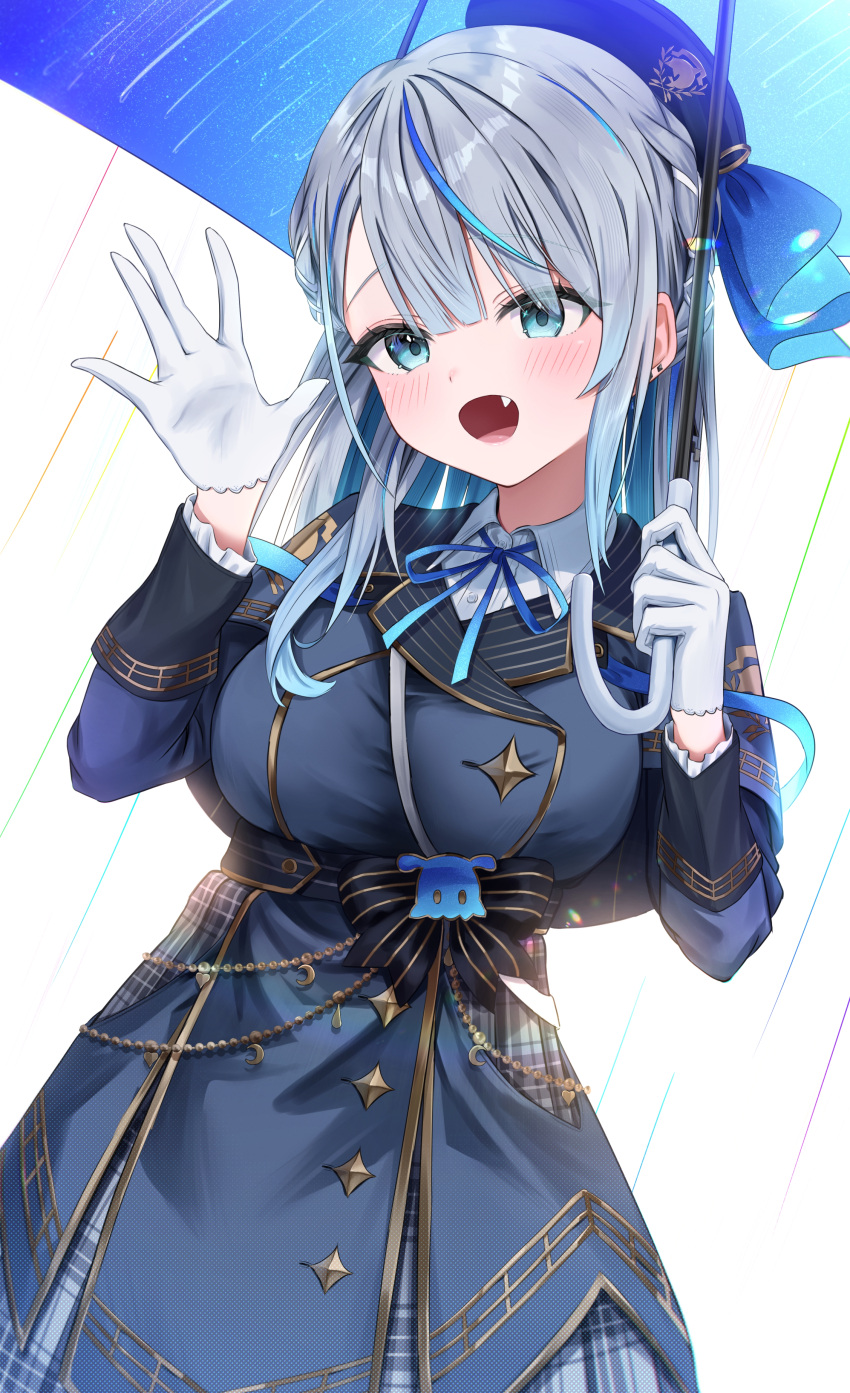 1girl, absurdres, amagai_ruka, blue_eyes, blue_hair, blue_jacket, collared_shirt, fang