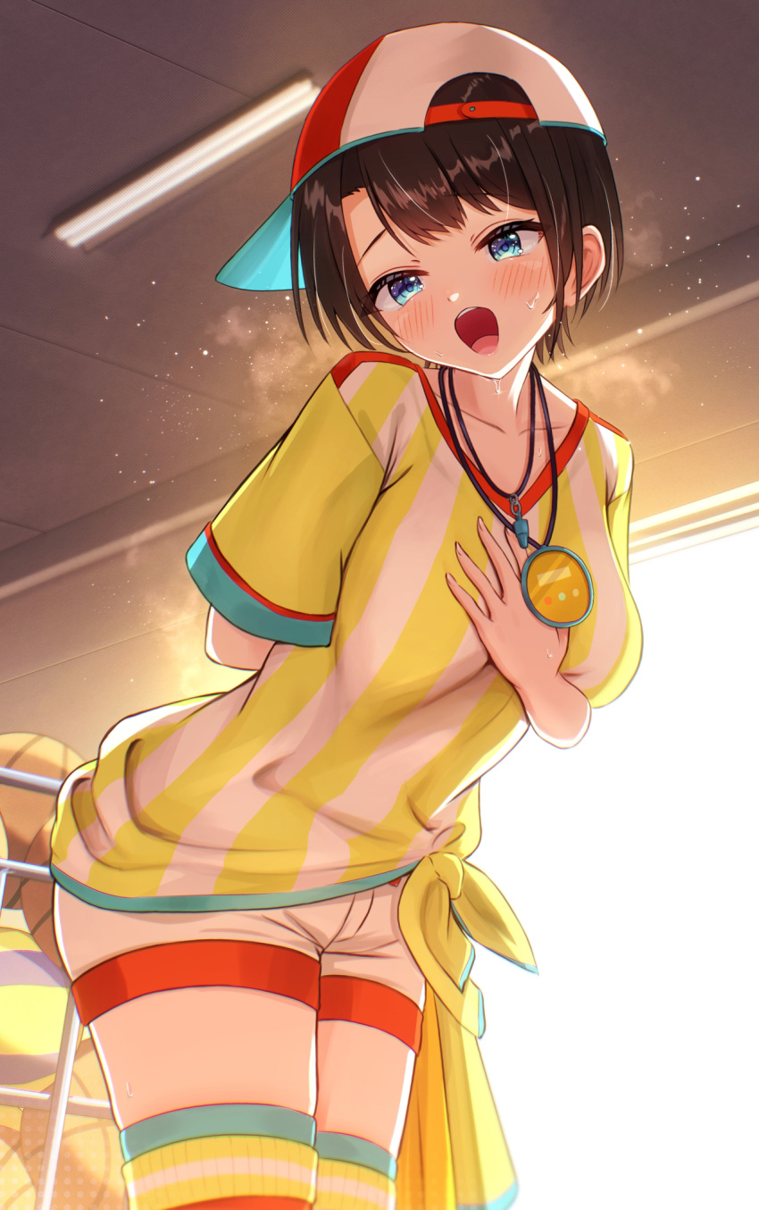 1girl, blue_eyes, blush, brown_hair, hat, highres, hololive, looking_at_viewer